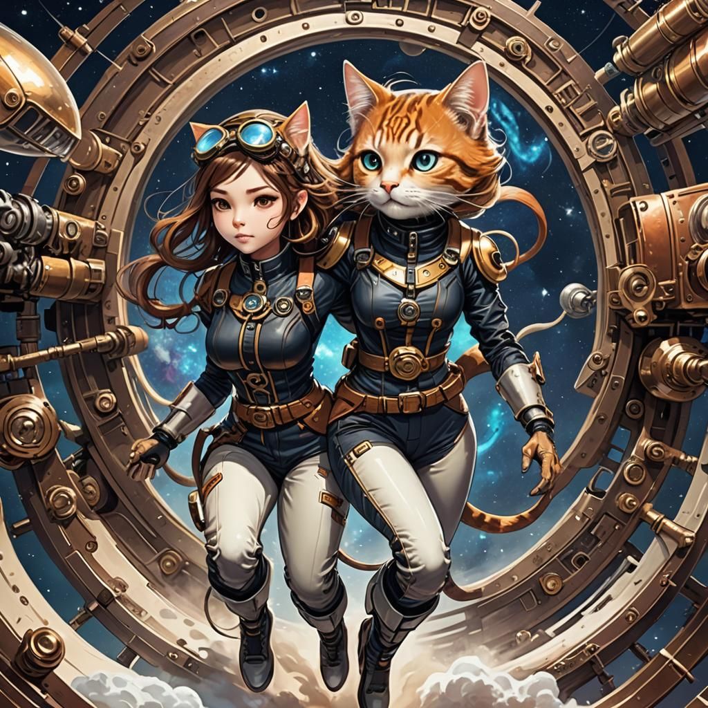 Steampunk Neko Woman Surfing in Space