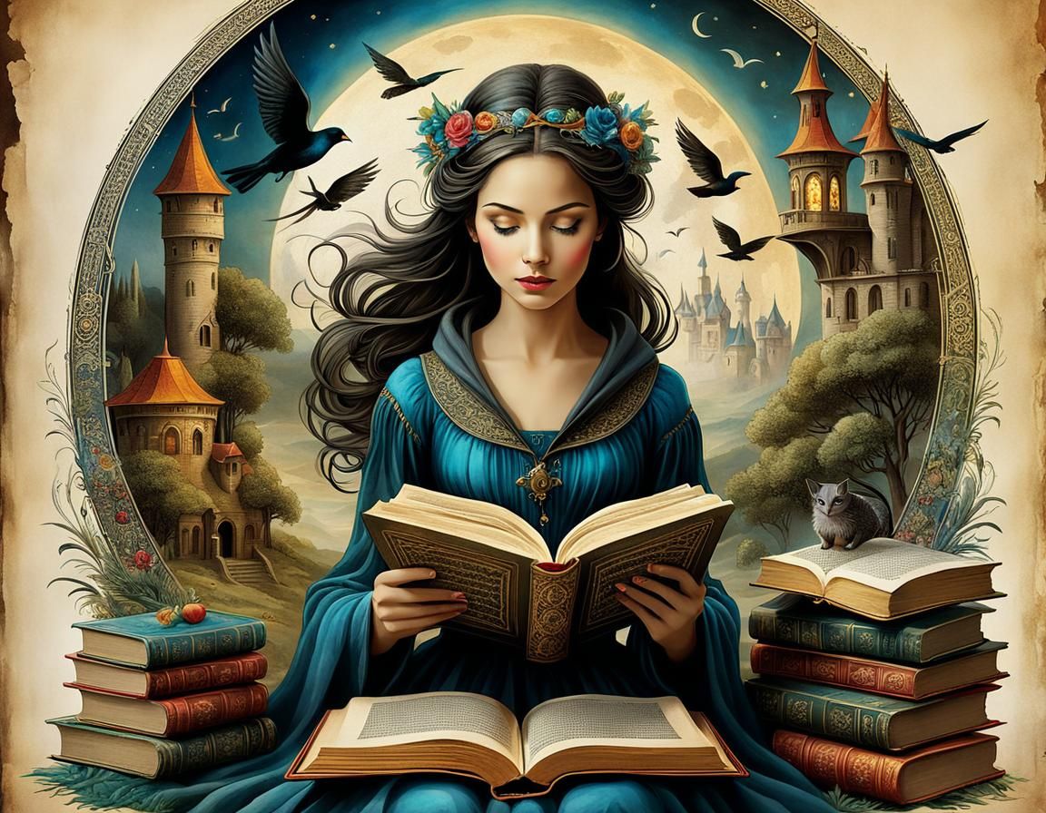 Woman Reading Surrounded by Books in Fairytale Style