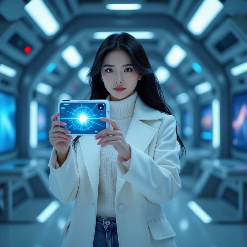 Young Woman in Space Station: Hyperrealistic Film Still