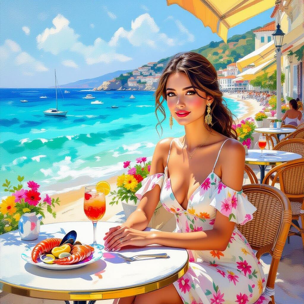 Seaside Cafe Serenity With Elegant Cocktail and Seafood Dish