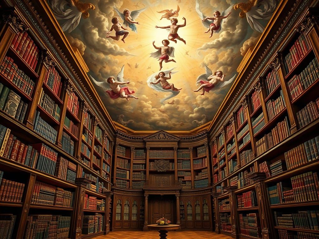 Baroque Library with Opulent Bookshelves and Frescoed Ceilin...