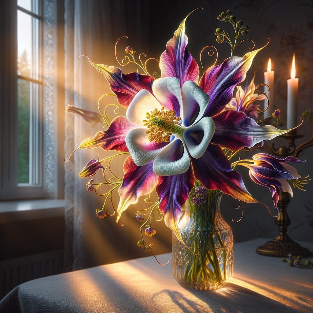 Vibrant Magpie Columbine in Candlelit Elegance