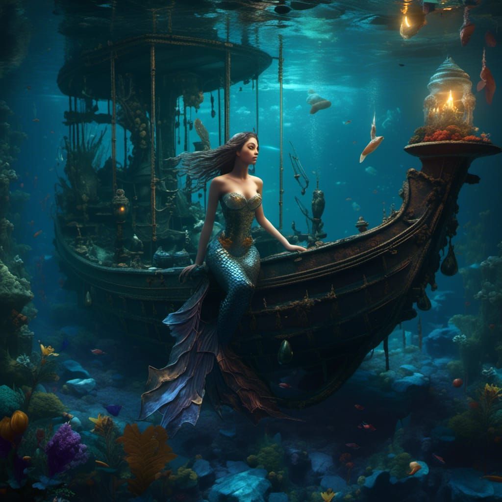 Intricate Mermaid in Sunken Ship, Fantasy Concept Art