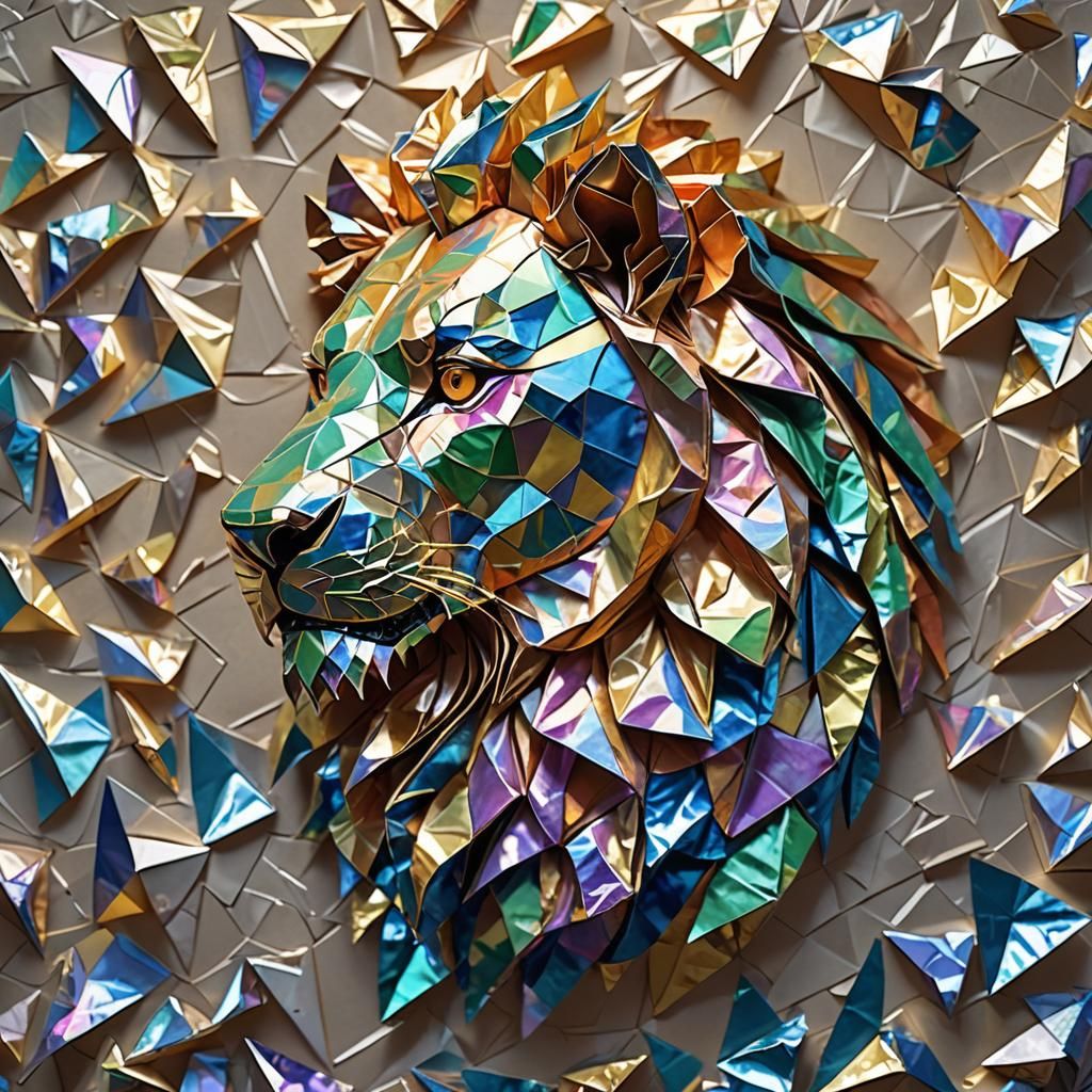 Iridescent Origami Lion Shimmers in Sunlight