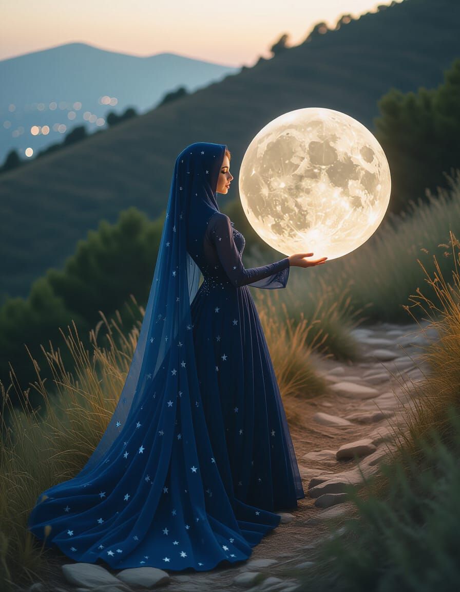 Woman Ascending Hillside with Moon Orb in 4K