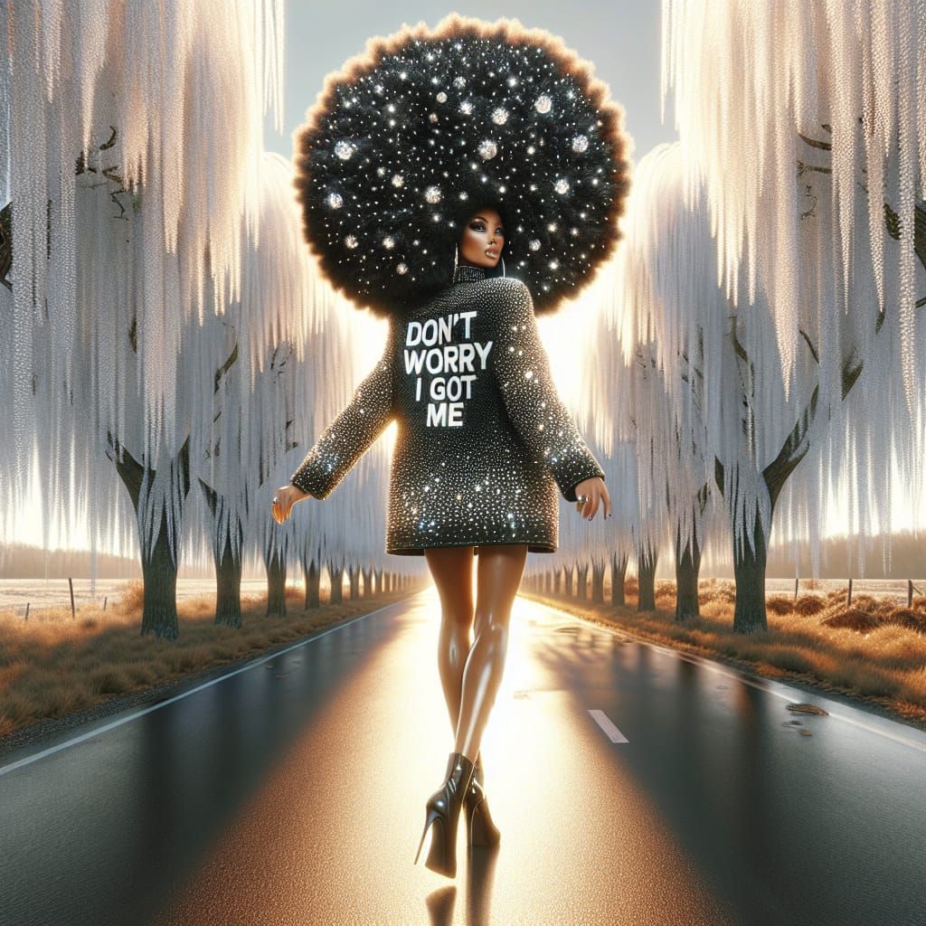 An ultra-high definition digital airbrush illustration of a confident woman with a voluminous afro made of shimmering bl...