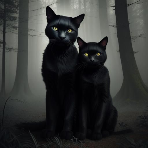 Angels with Black Cats in Dark Fantasy Forest