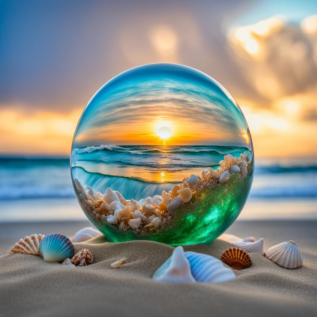 Ocean Waves Encased in Crystal Sphere on Beach