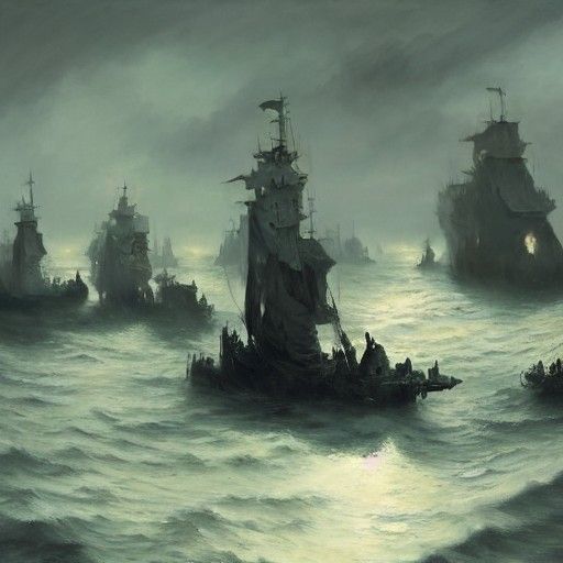 Eerie Ghost Pirate Fleet on Foggy Sea