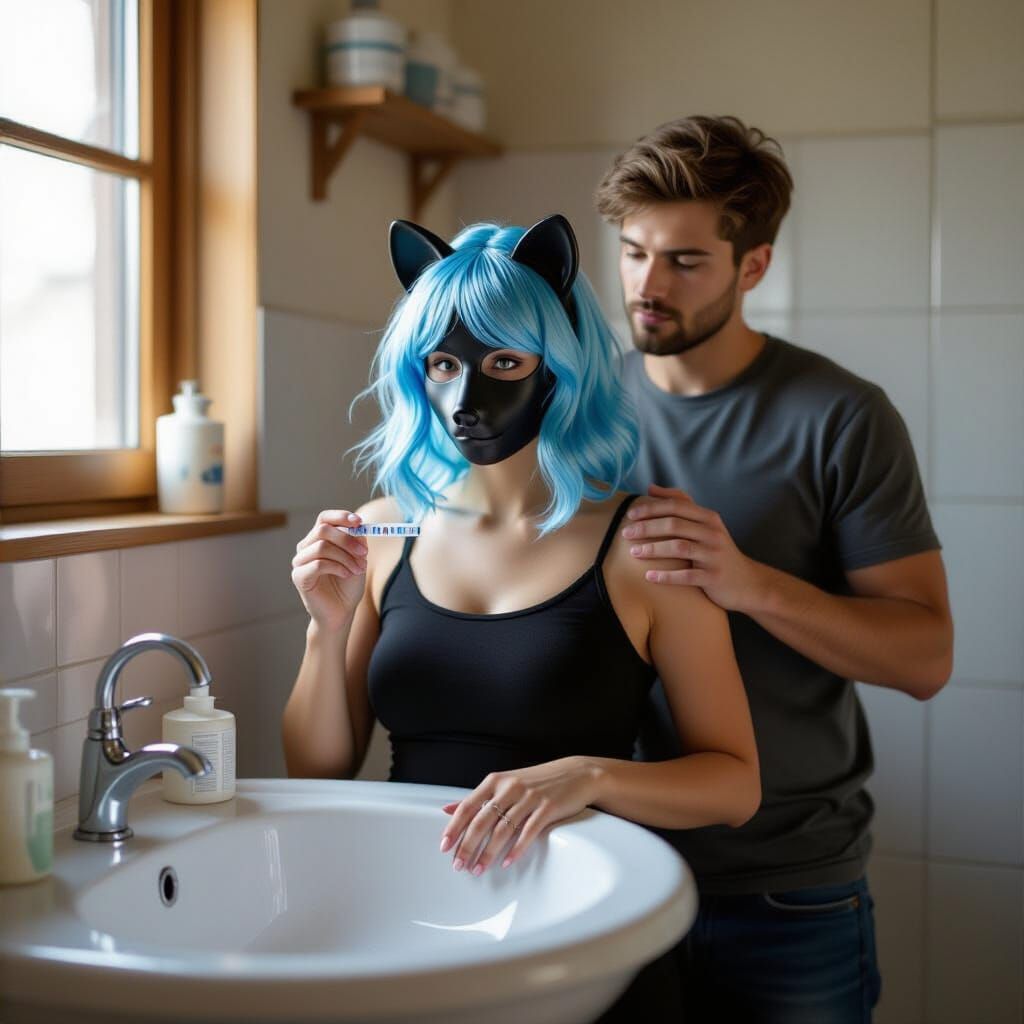 Anxious Elena with Pregnancy Test, Cinematic Style