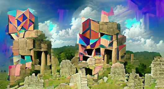 Psychedelic Cubist Ruined Temple Digital Art