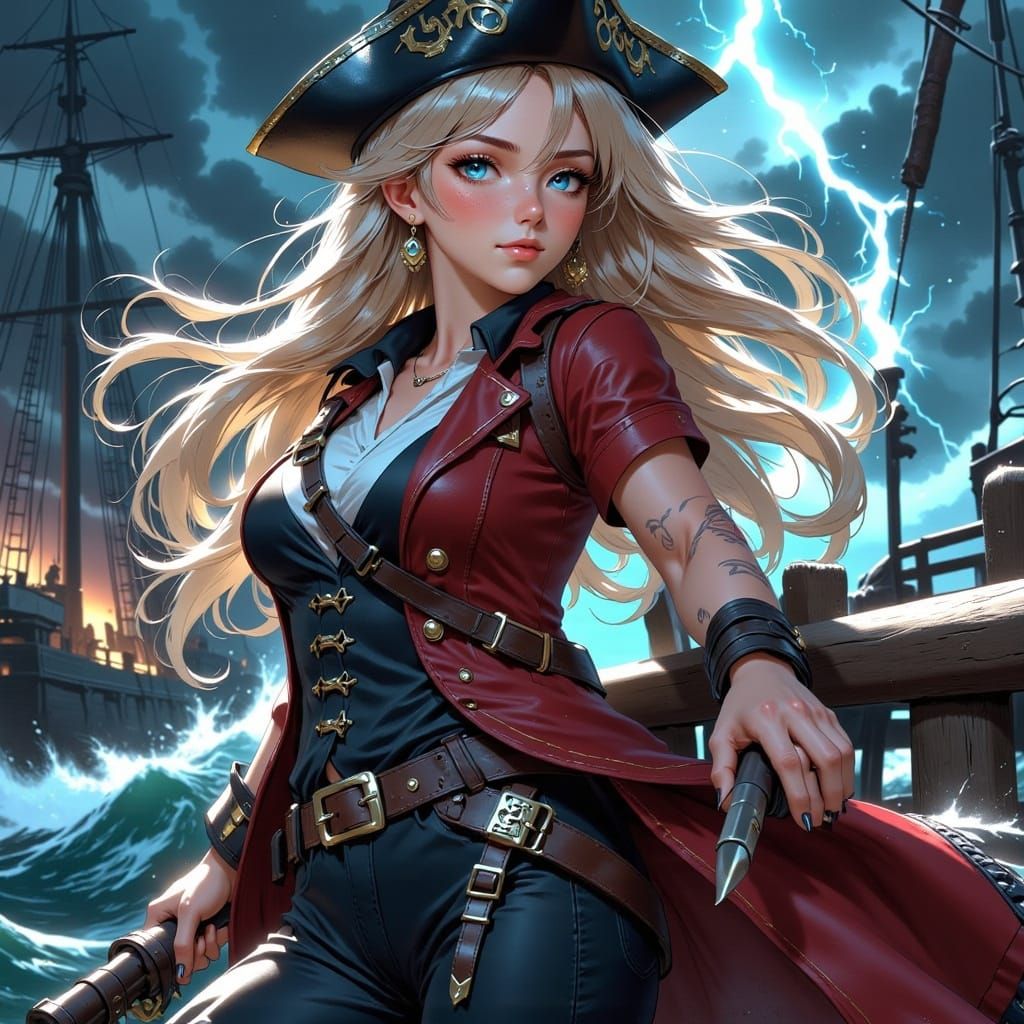 Ethereal Pirate Woman Sailing Through Fierce Storm
