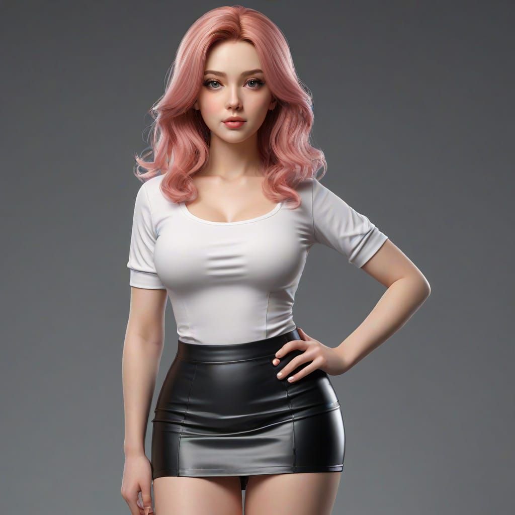 Curvy Woman in Black Mini Skirt with Shiny Hair