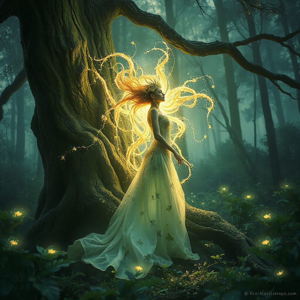 Ethereal Dryad Emerges from Ancient Tree in Fantasy Style