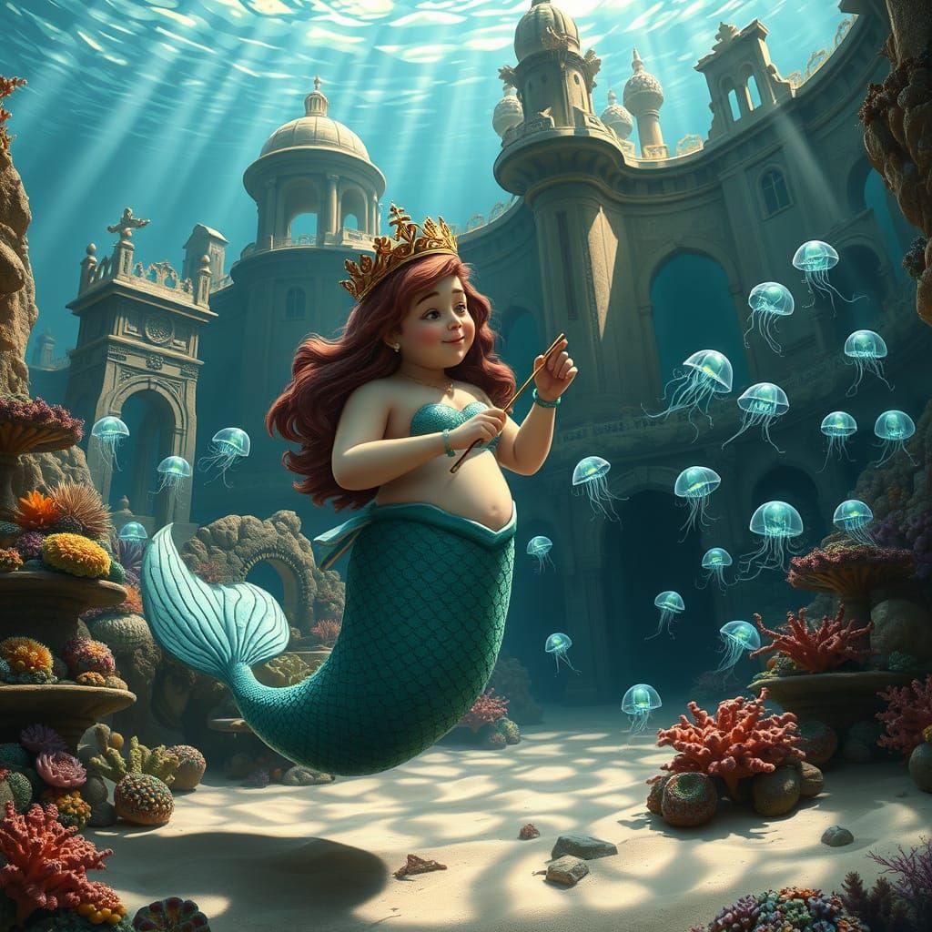 Portly Mermaid Conducts Jellyfish Orchestra in Coral City