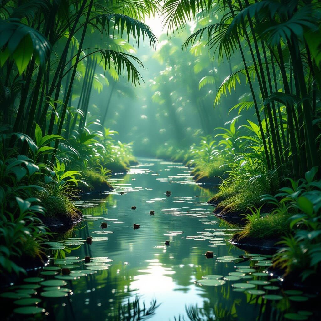 Vibrant Wetland Ecosystem in Hyperrealistic Digital Matte Pa...
