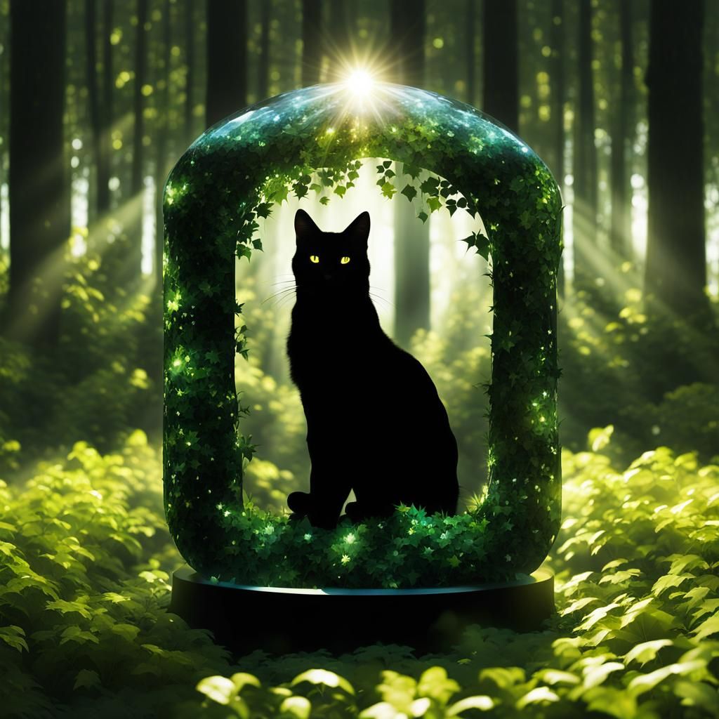 Crystallized Cat Silhouette in Forest Scene
