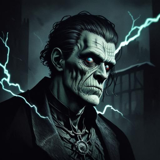 Frankenstein's Monster Portrait in Gothic Horror Style