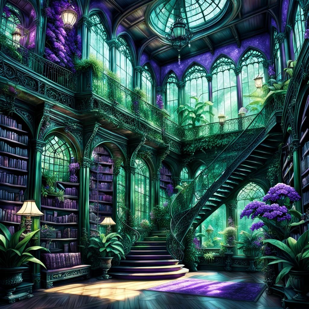 Lush Library Interior in Ethereal Fantasy Style