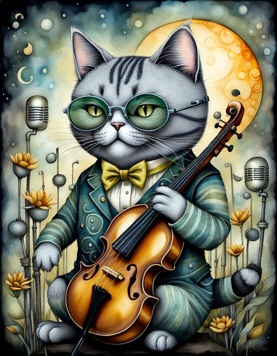 Cool Cat Bassist in Surreal Alcohol Ink Style