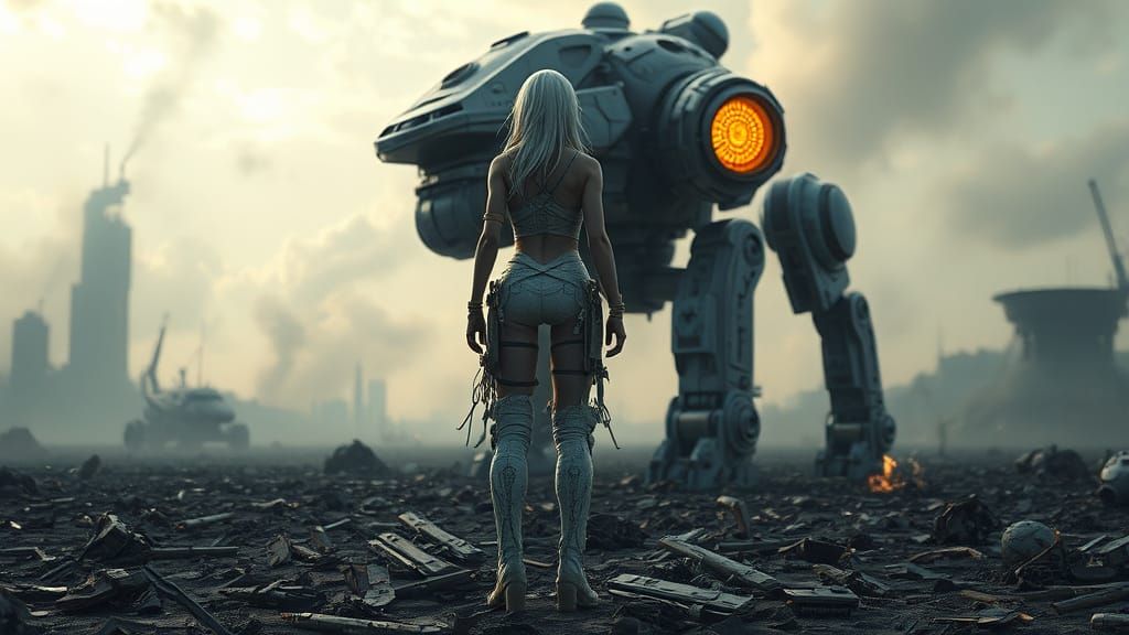 Futuristic Female Warrior Faces Mechanical Robot in Desolate...