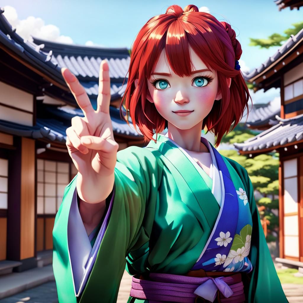 Anime Style Woman in Kimono Victory Sign