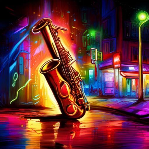 Nightclub Saxophone in Neon Rain Graffiti Art