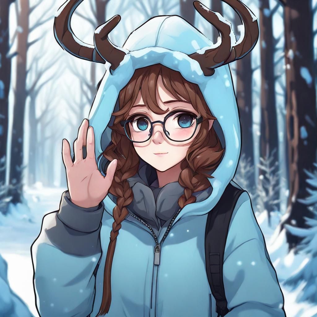 Anime Girl with Ice Horns in Frozen Forest