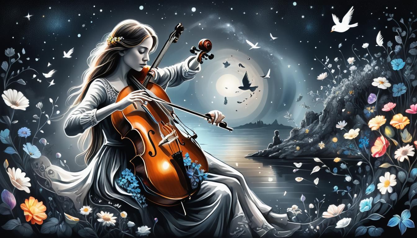 Woman Plays Cello Under Stars in Vector Art