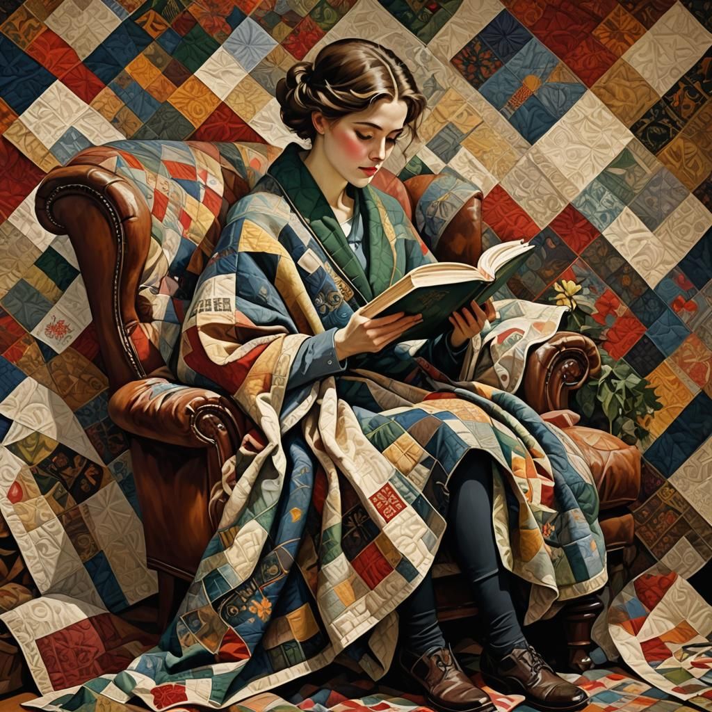 Woman Reading with Fractal Quilt, Hyperdetailed Painting