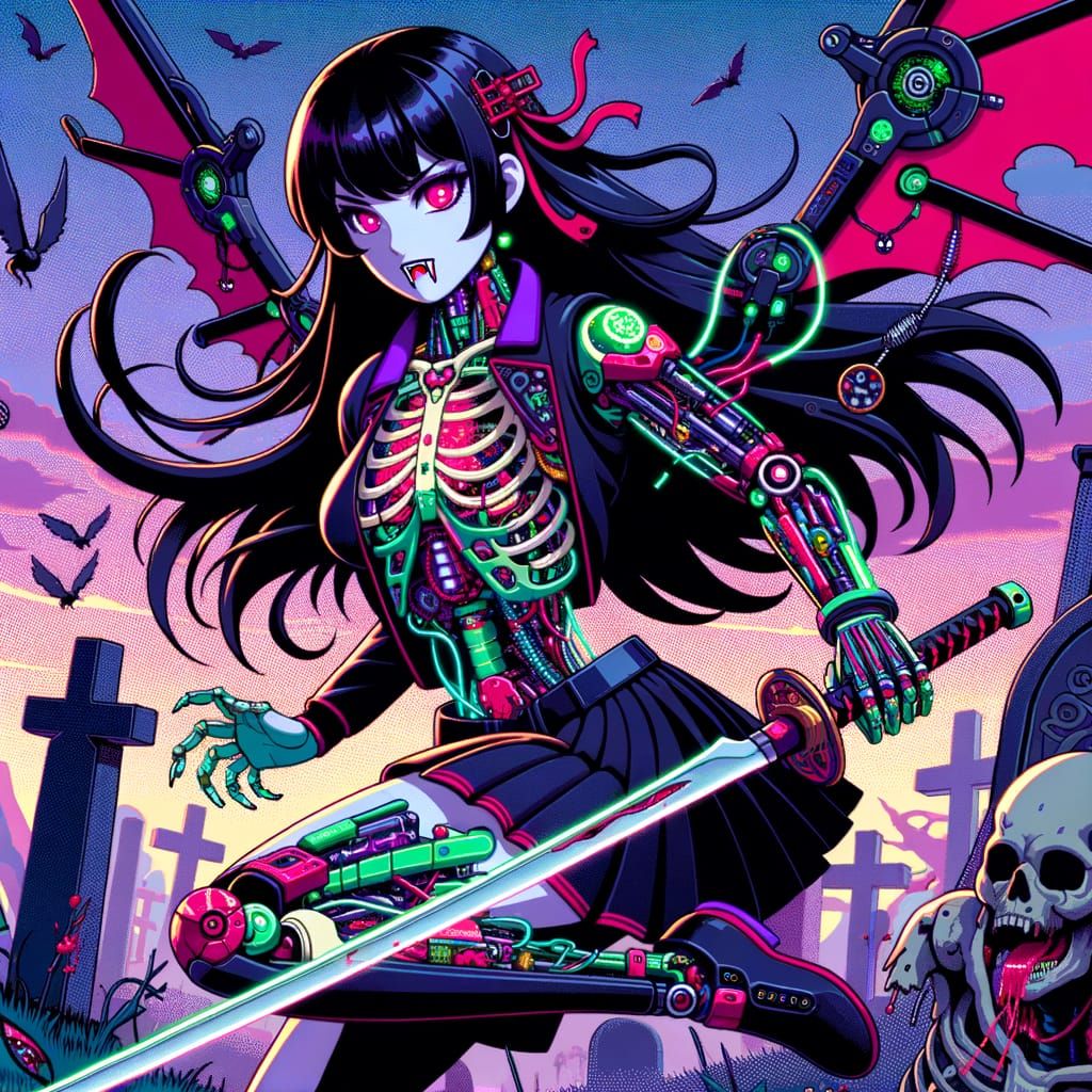 Android Vampire Battles Undead in Retro Cyberpunk Graveyard
