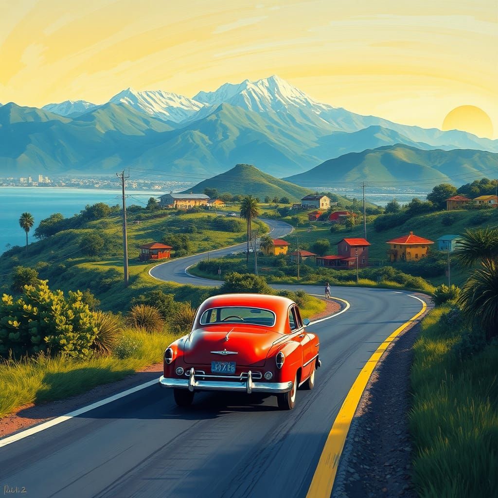 Vintage Car on Coastal Road in Impressionist Style