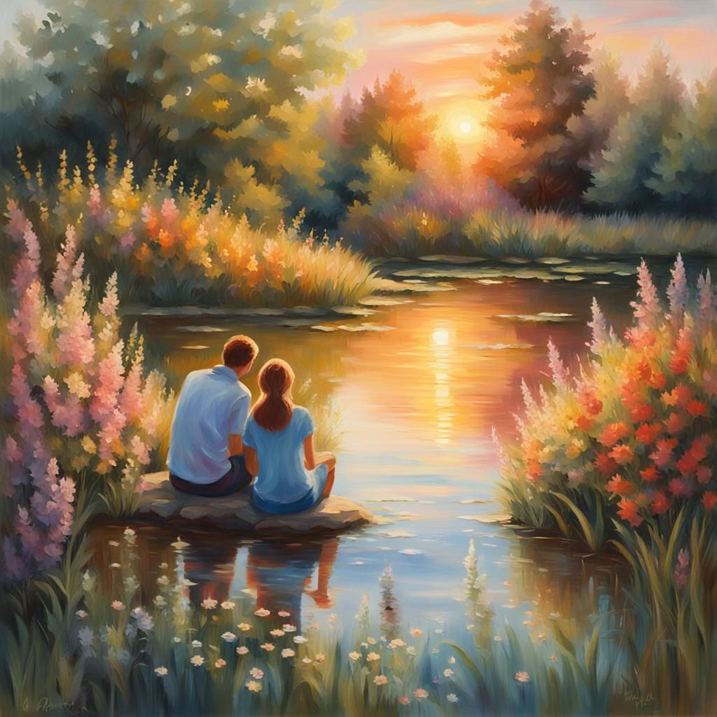 Romantic Sunset Reflection: Impressionist Oil Painting