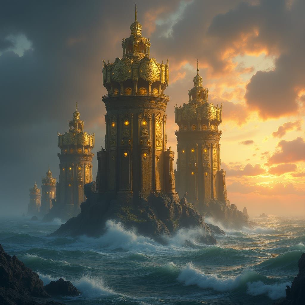 Golden Watchtowers Shaped as Letters in Fantasy Art