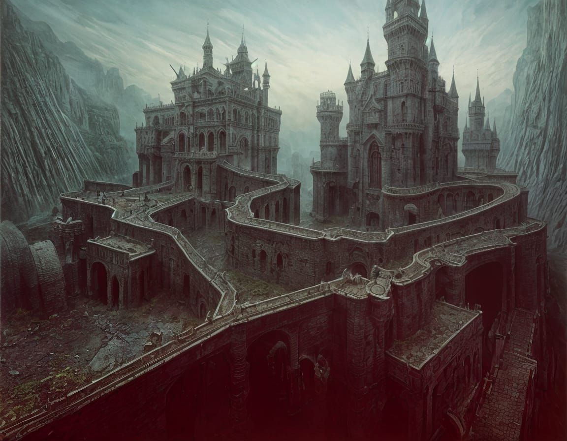 Surreal Castle with Drawbridges: Dreamlike Landscape