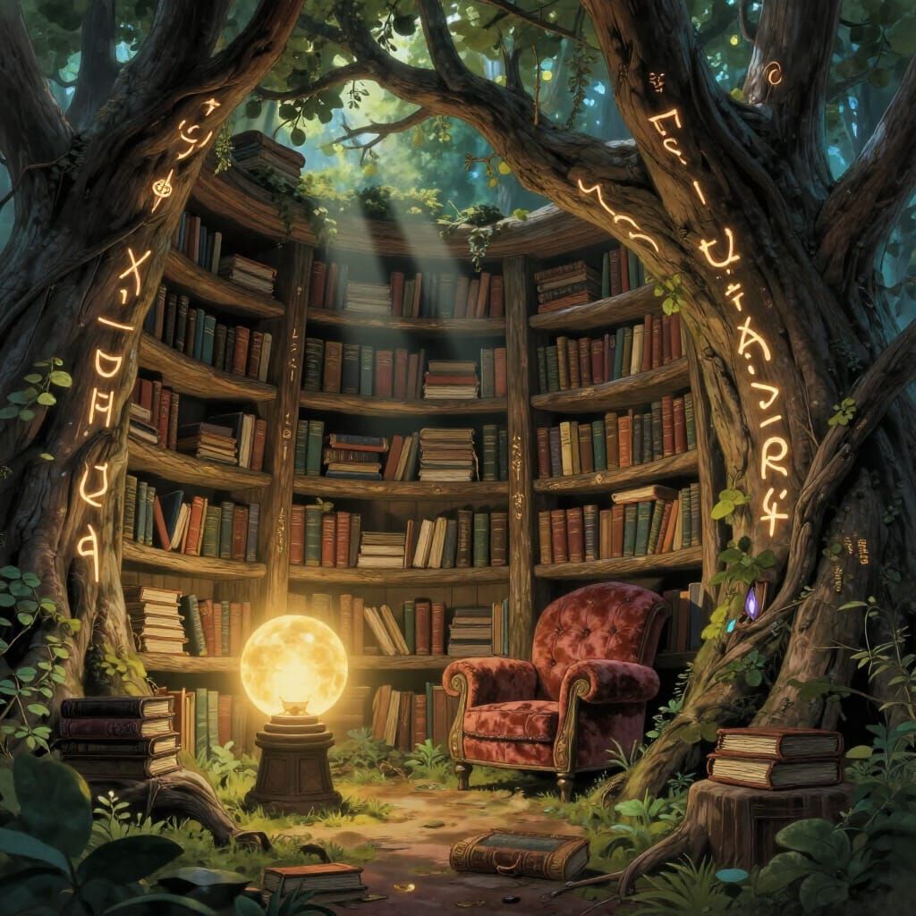 Enchanted Tree Library with Glowing Runes