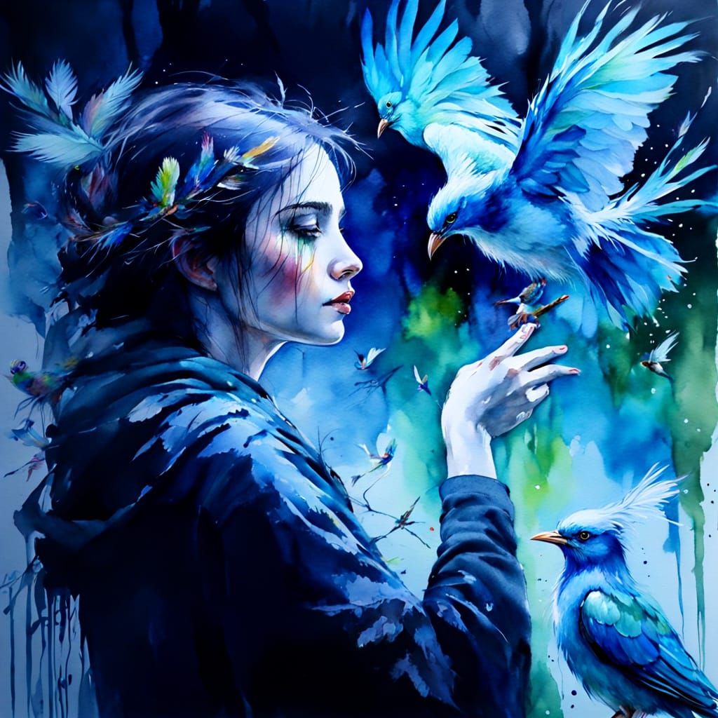 Birds Gathering in Tree: Whimsical Watercolour Art