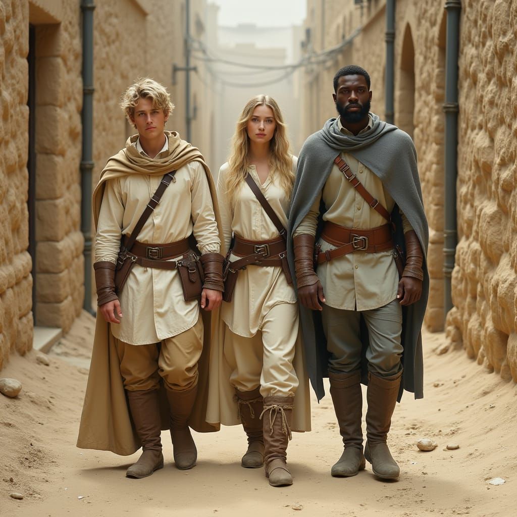 Hyper Realistic Figures on a Sandy Street