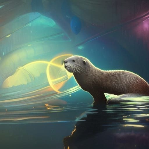 Otter Swims Saturn Rings: Art Nouveau Splash Art