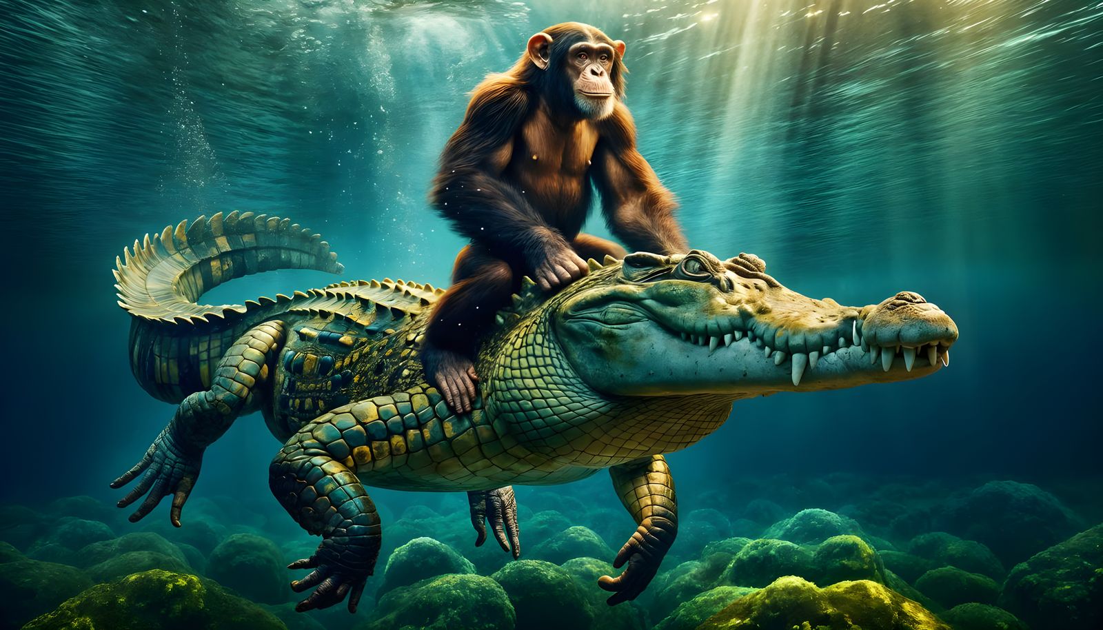 Athletic Chimpanzee Rides Majestic Underwater Crocodile