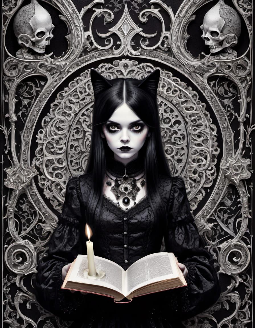 Wednesday Addams Gothic Illustration in Black and White