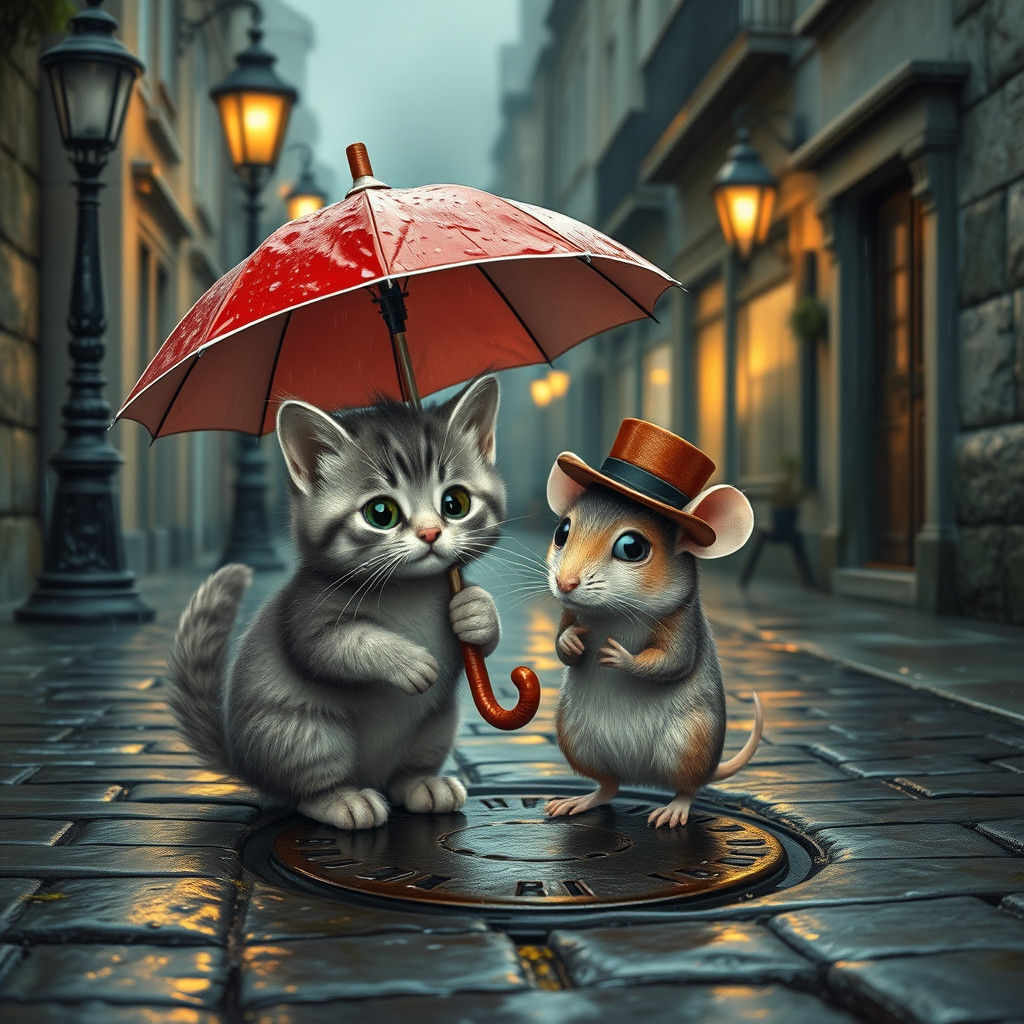 Kitten and Mouse Share Umbrella on Cobblestone Street