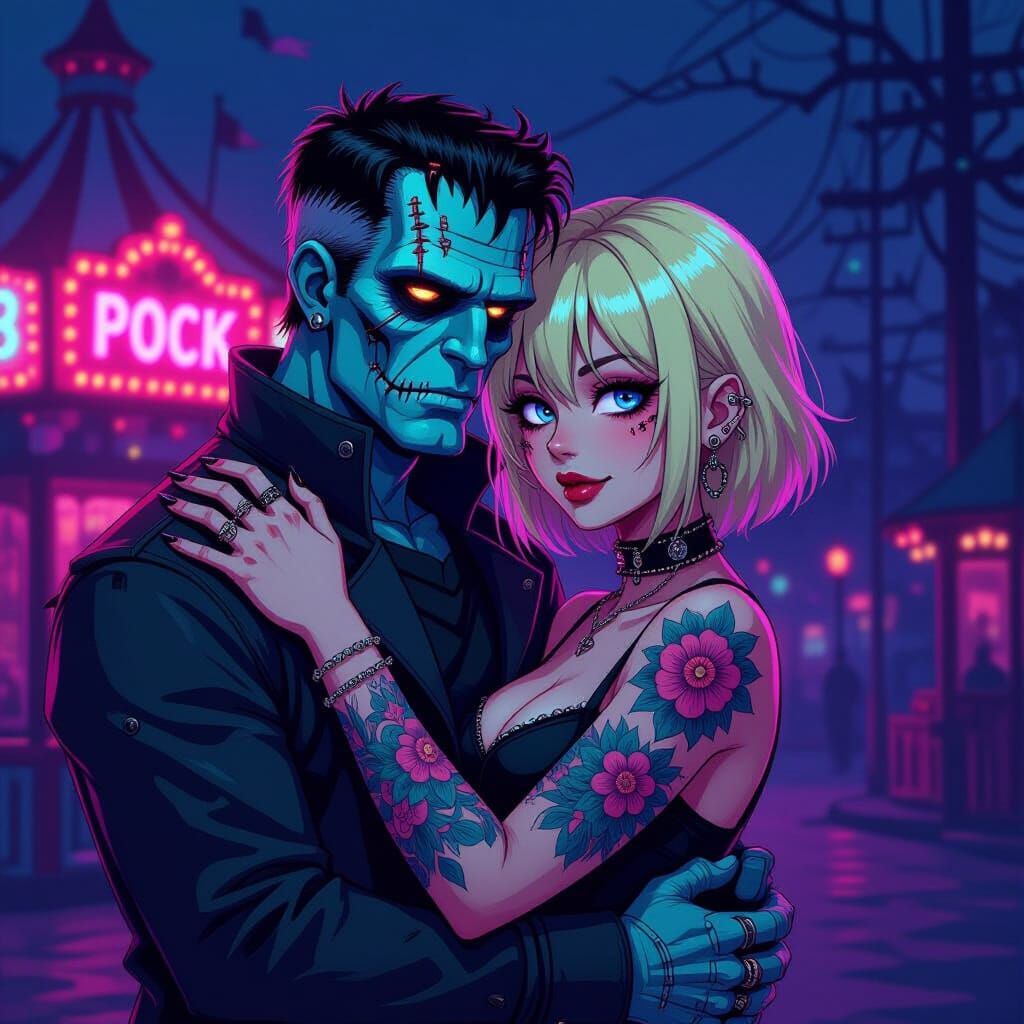 Frankenstein Embraces Tattooed Woman in Neon Carnival Anime ...