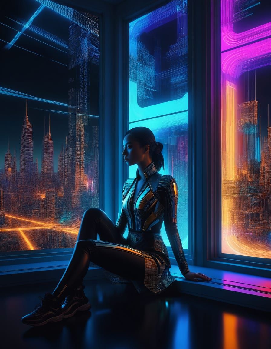 Cyberpunk Woman on Windowsill with Glitch Art