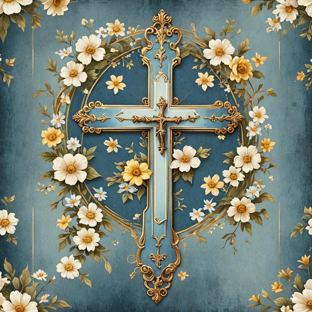 Blue Banner with Antique Cross and Flowers