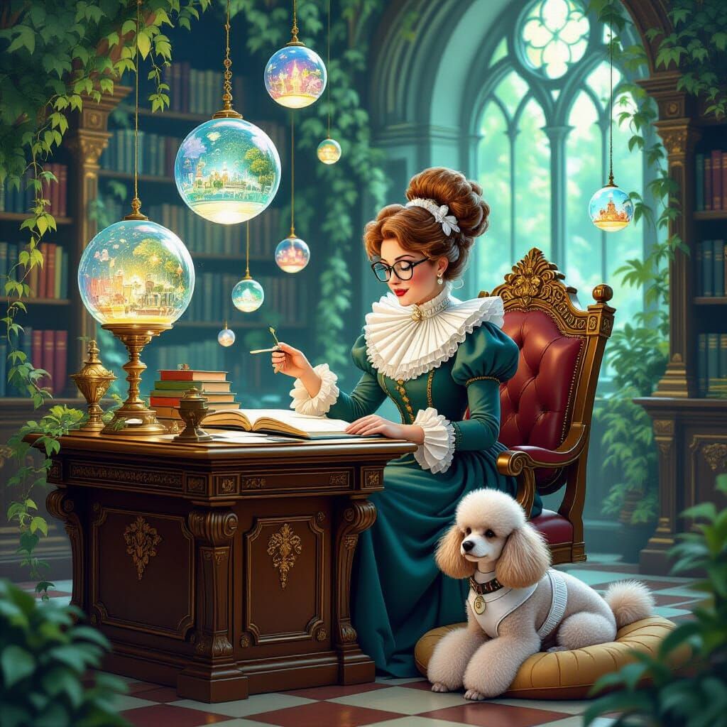 Fairytale Librarian Cataloging Dreams in Enchanted Futuristi...