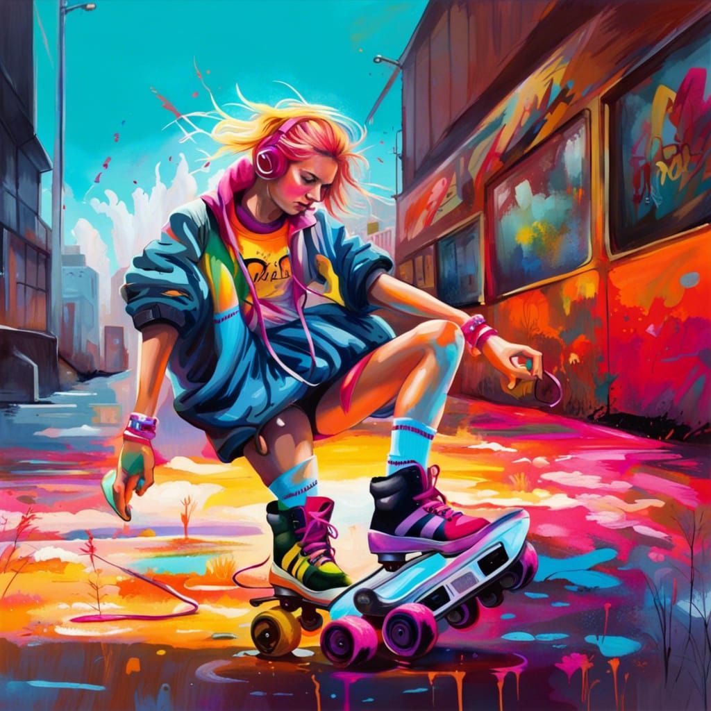 Girl using walkman and roller skates in 80s clothes graffiti...