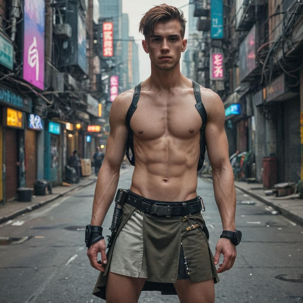 young man with brown hair, nake torso and dressed only in a ...