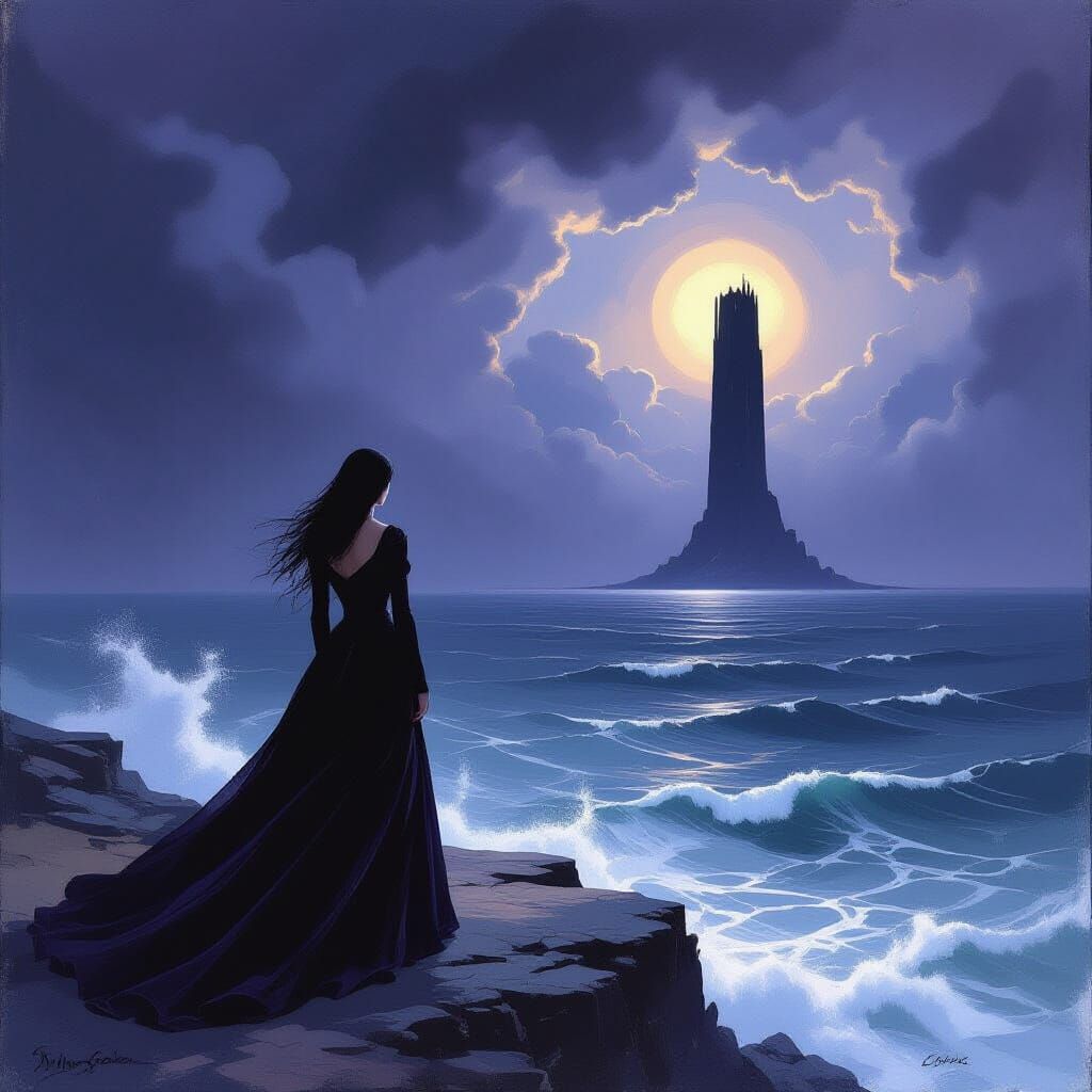 Gothic Melancholy: Woman on Cliff Overlooking Stormy Sea