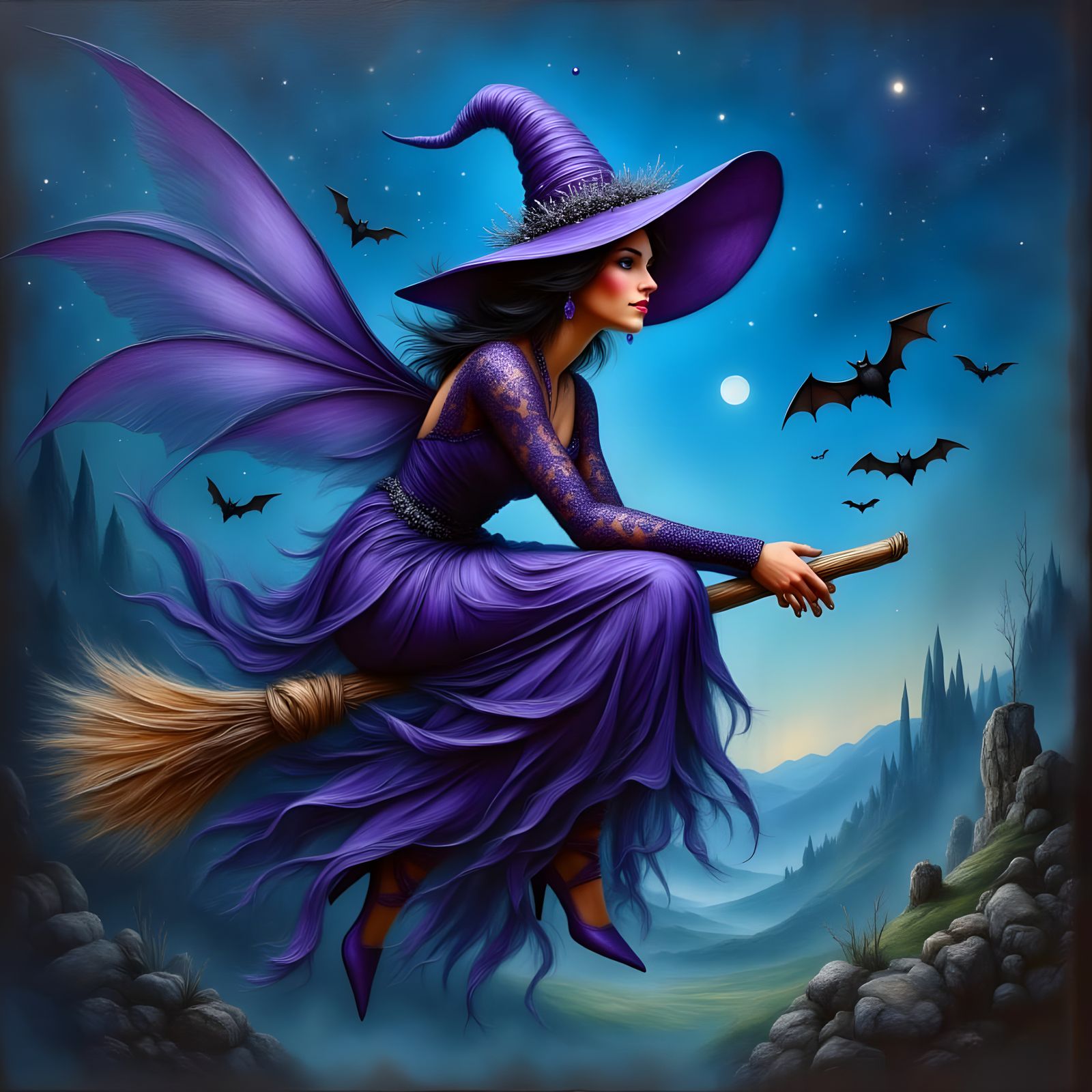 Enchanting Witch Rides Broomstick in Starry Night Sky
